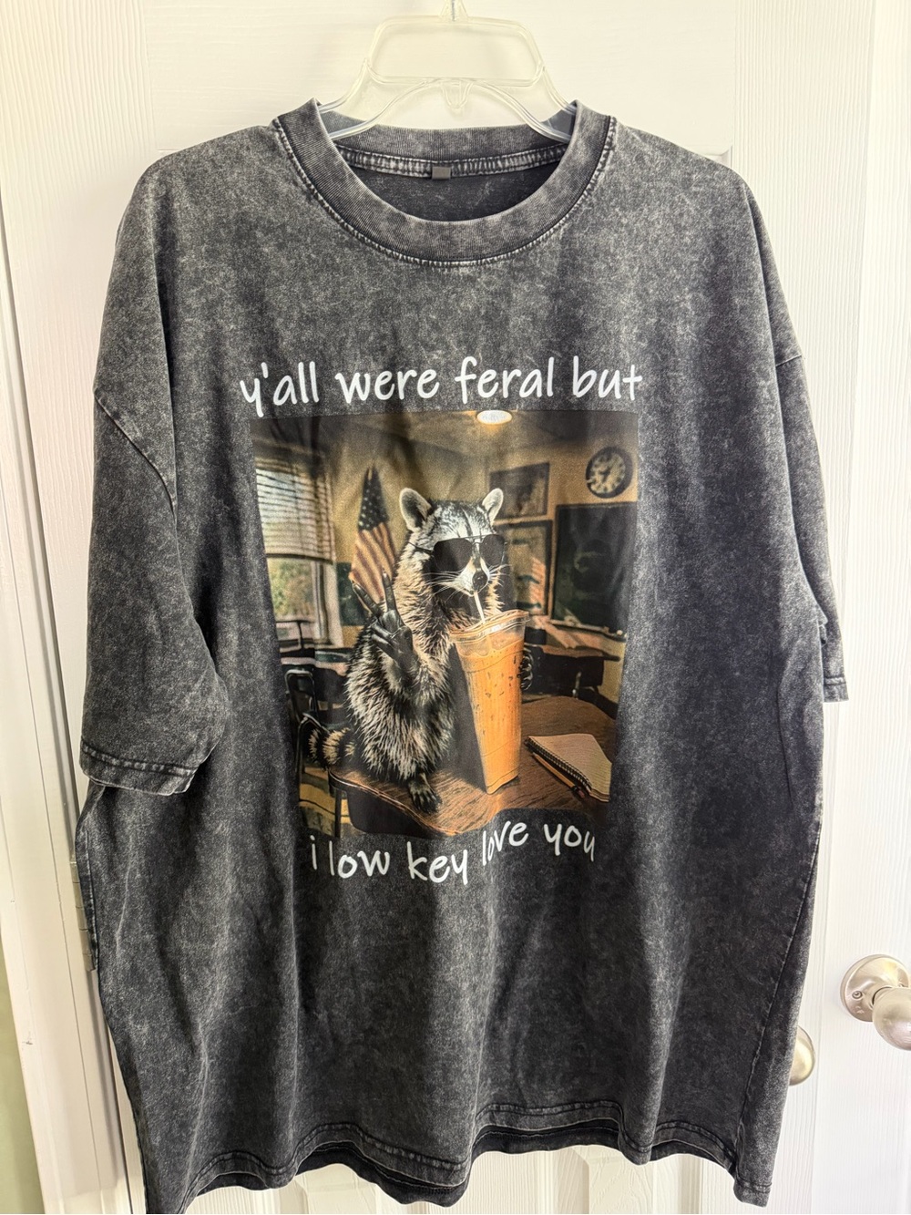 Black Mineral Wash Graphic Tee with Raccoon Print